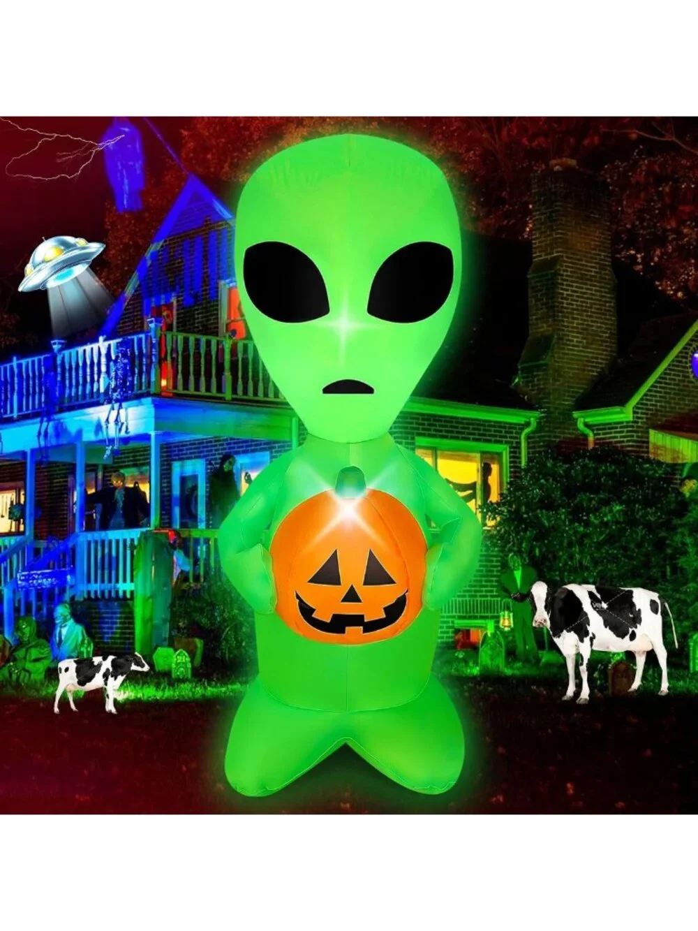 4 FT Halloween Inflatable Alien & Pumpkin - LED Lighted Yard Decor for Parties